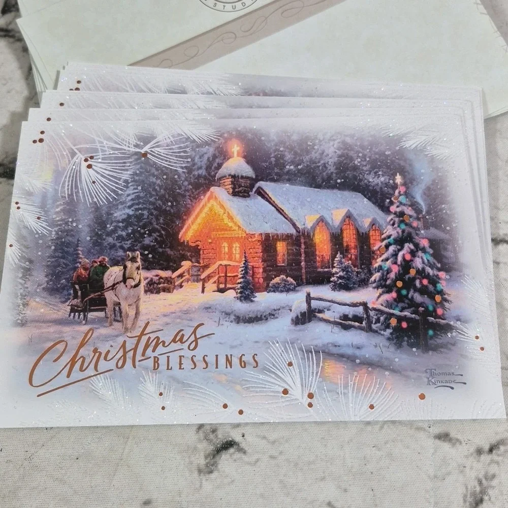 Hallmark Thomas Kinkade Christmas Blessings Cards Glitter Lot Of 7